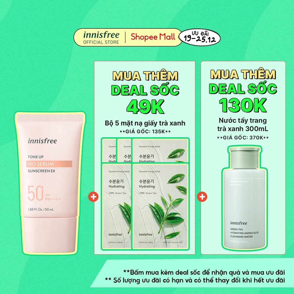 (Bao bì mới) Kem chống nắng kiềm dầu và nâng tông da innisfree Tone Up No Sebum Sunscreen 50ml SPF50+ PA++++ 50ml