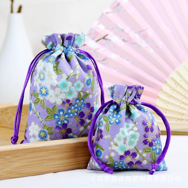 Túi Dây Rút Vải Lanh Cotton Họa Tiết Hoa Anh Đào May Mắn Phong Cách Trung Hoa