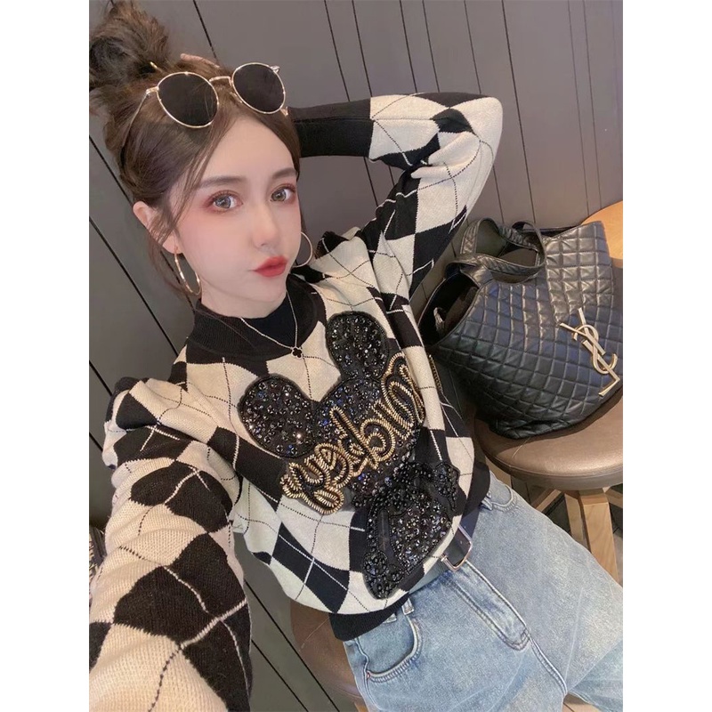 Hàng Mới Về Áo Sweater Cổ Tròn In Hình Mickey Phối Màu Tương Phản Thời Trang Thu Đông 2022