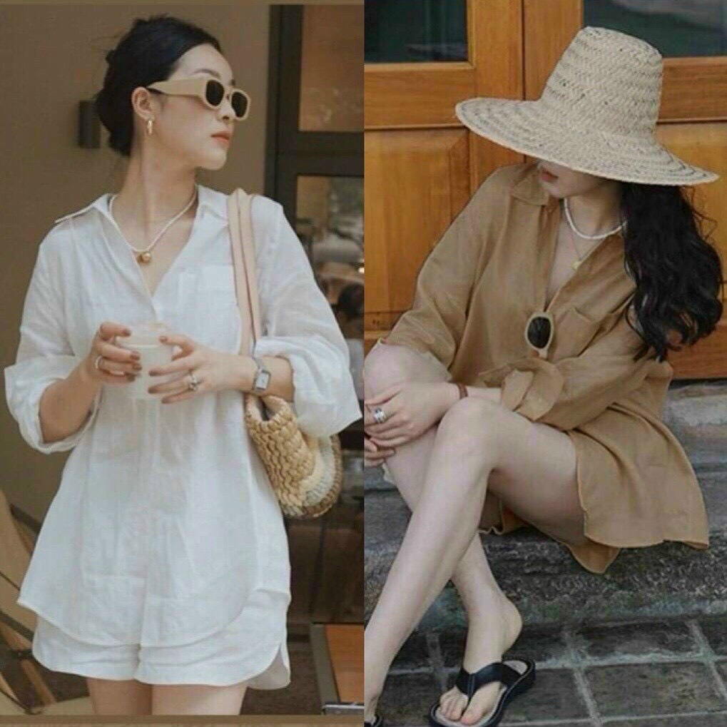 Thiết kế cao cấp: Set bộ áo sơ mi tay dài & quần short nữ ~Đủ size M/L/XL