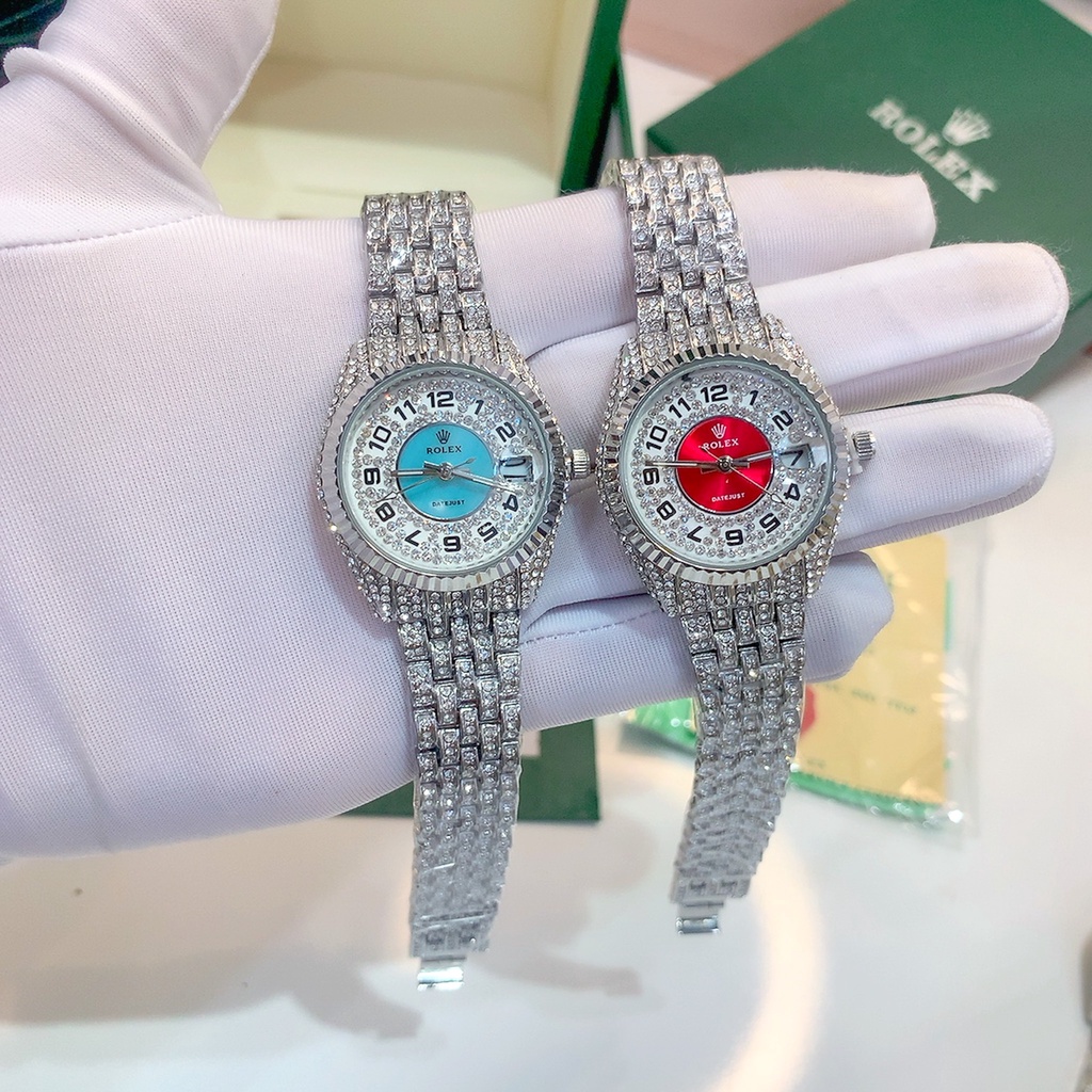 Đồng Hô Nữ Rolex Đính Full Đá - Size 32mm Sang Trọng Dành Cho Nữ, Máy Pin, Bảo Hành 3 Tháng