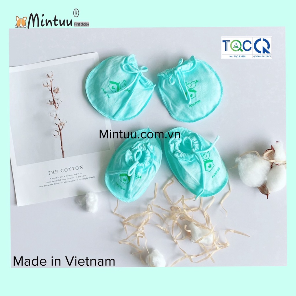 Bao tay chân cho bé sơ sinh, bao tay chân cột dây màu, chất liệu vải 100% cotton, thương hiệu MINTUU