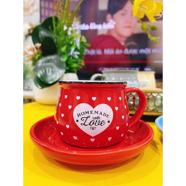 Set tách đĩa cafe hoạ tiết chấm bi