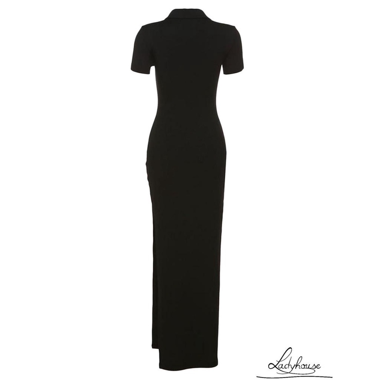 Ldd-đầm Nữ Mùa Xuân Giản Dị Màu Trơn Cài Nút Tay Ngắn Vừa Vặn Màu Đen / Kaki