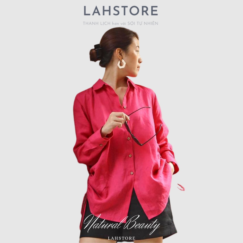 Áo sơ mi nữ form rộng tay dài LAHSTORE vải linen thô thiết kế phối dây rút eo sang trọng trẻ trung (Hồng Sen)
