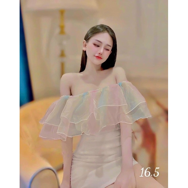 Áo voan trễ vai phối lưới màu cầu vồng
