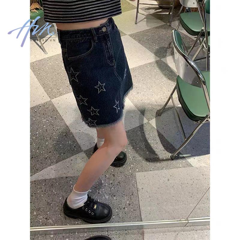 Chân Váy Denim Eo Cao Thêu Ngôi Sao Phong Cách Retro Mỹ Dành Cho Nữ