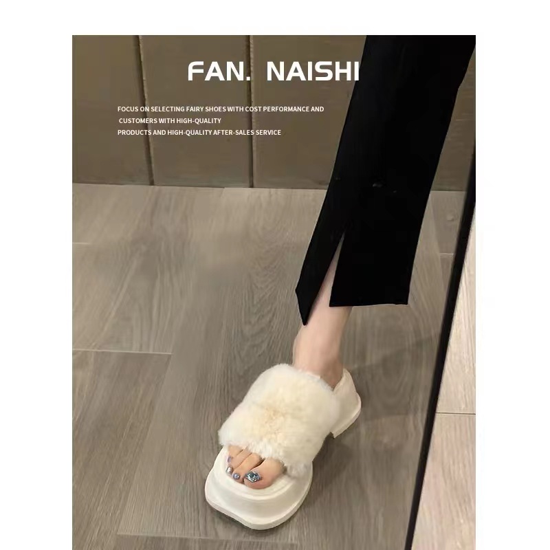 Dép Cao Gót Đế Dày Quai Ngang Phối Lông Thời Trang Mùa Thu 2022 Mới Cho Nữ