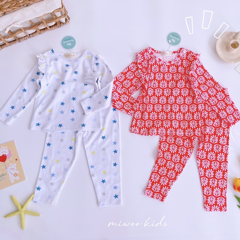 Đồ bộ tay dài bé gái bèo vai xuất Nhật Miwoo