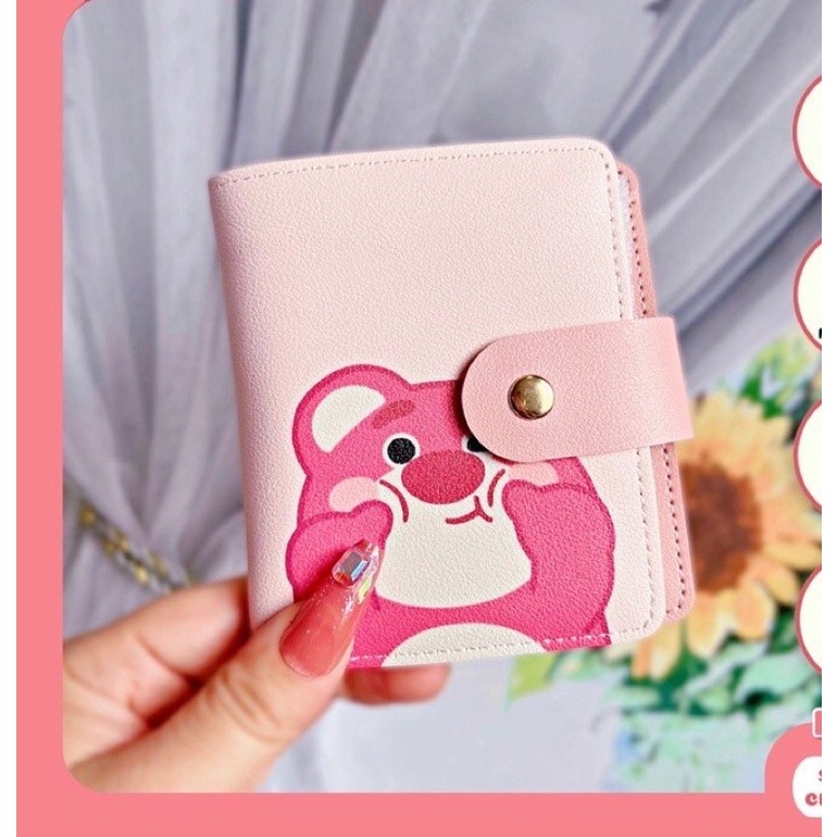 Ví gấu dâu Lotso nhiều ngăn đựng thẻ, card, CMND đa năng có khoá bấm - Ví ngắn gấu hồng losto cute