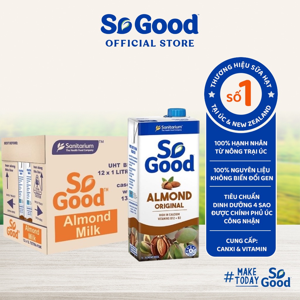 Thùng 12 hộp sữa hạt hạnh nhân ít đường SO GOOD 1L bổ sung canxi và vitamin, phù hợp người ăn kiêng, thuần chạy