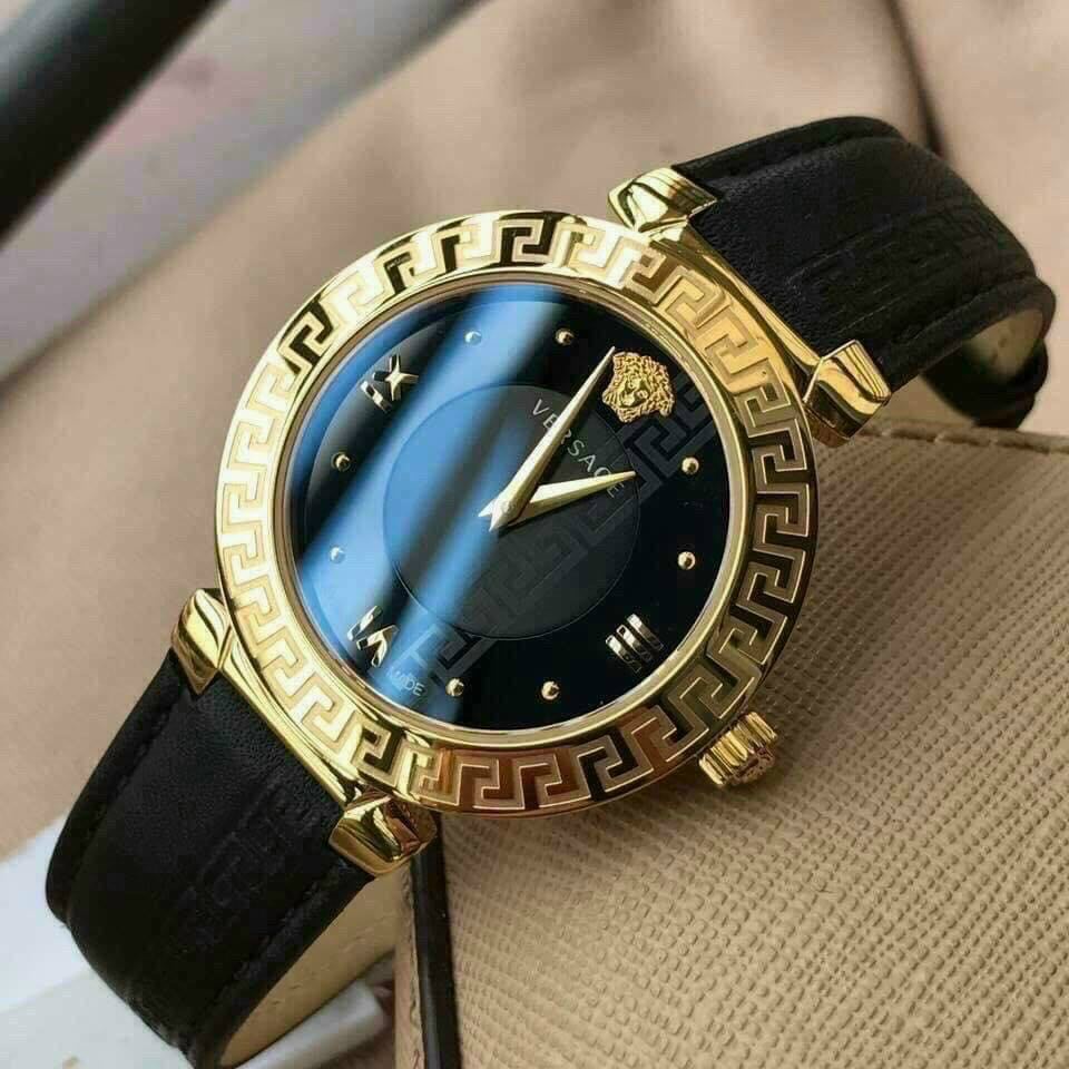 Cặp Đồng hồ nam nữ Versace ANALLOGUE DIAL MEN  dây da Mặt đen - Máy Swiss Quartz- Bảo Hành 24 Tháng