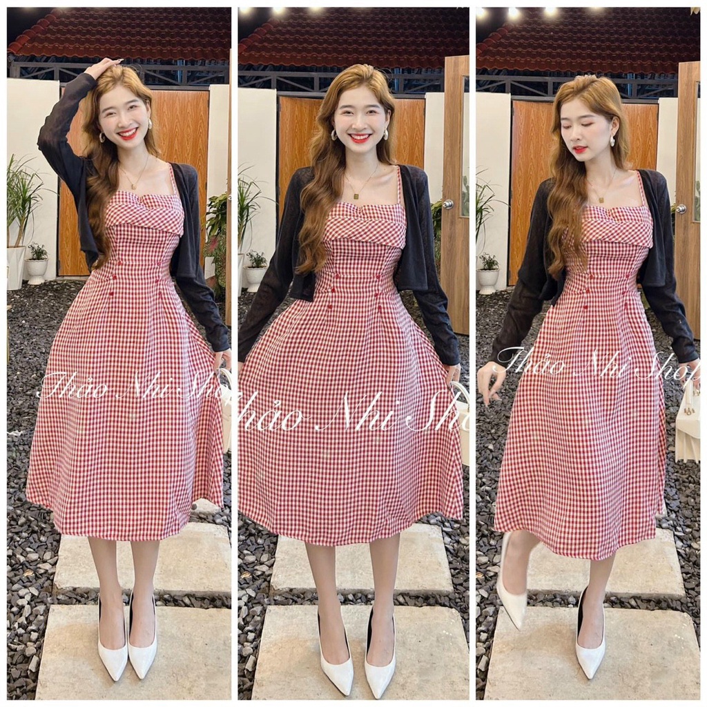 Set đầm midi 2 dây caro đỏ dáng xòe kèm khoác crop đen mẫu thảo nhi shop