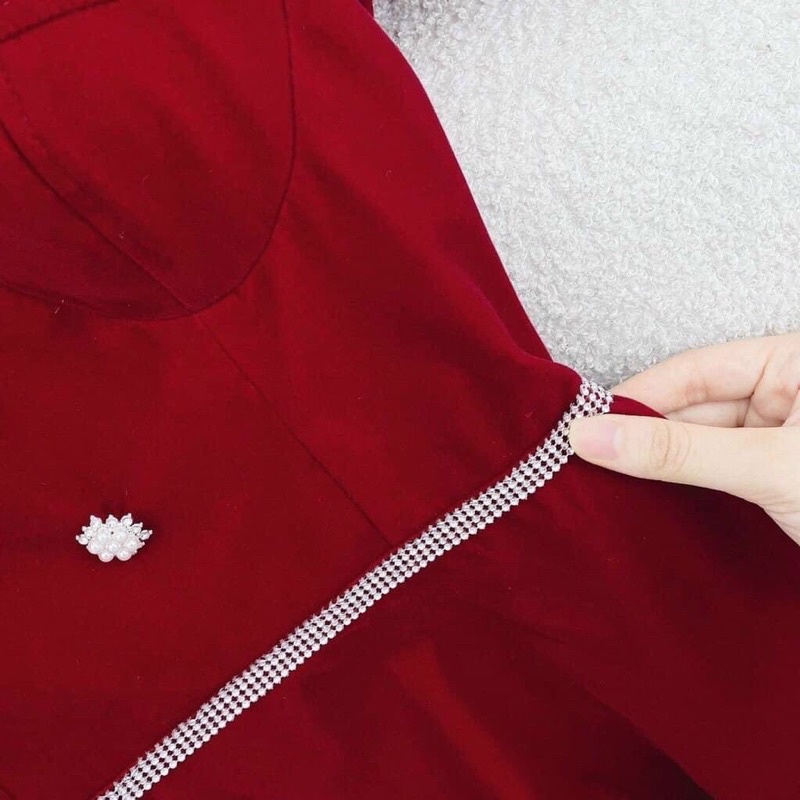 Đầm nhung đỏ viền ren trắng tay dài,váy nữ noel siêu xin cho mùa giangs sinh