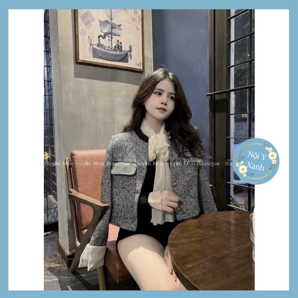 áo khoác dạ twee 2 lớp dáng croptop phối trắng tay cúc đồng vương quyền  A12 Nội Y Xanh hot trend thu đông ấm áp