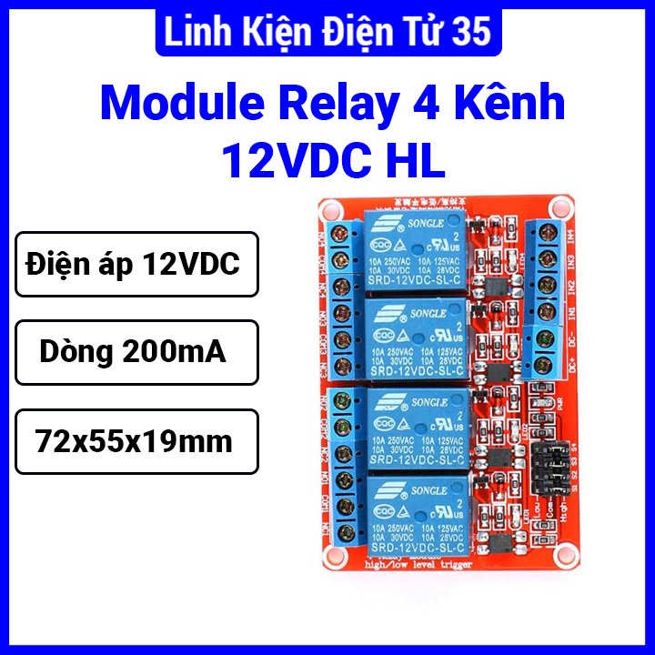 Module Relay 12VDC 4 Kênh H/L có opto cách ly siêu tiện lợi, đa dụng