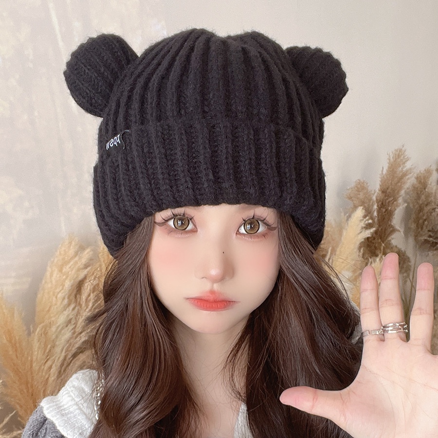 Mũ len nữ Bluehope tai gấu Ba màu dễ thương dày dặn mũ beanie M3C