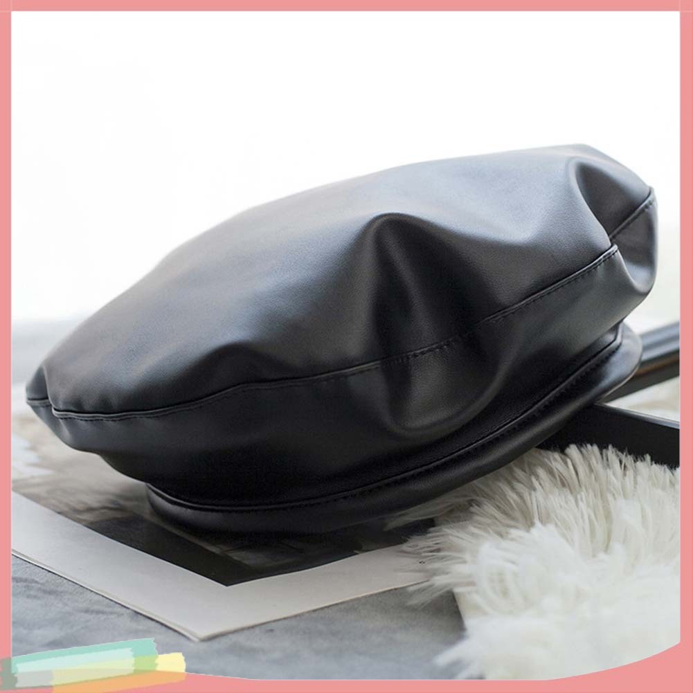Mũ beret chất liệu da giả màu trơn giữ ấm sành điệu cho nữ