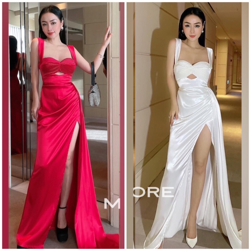 Đầm dạ hội phi hai dây bản lớn xẻ tà cao cấp