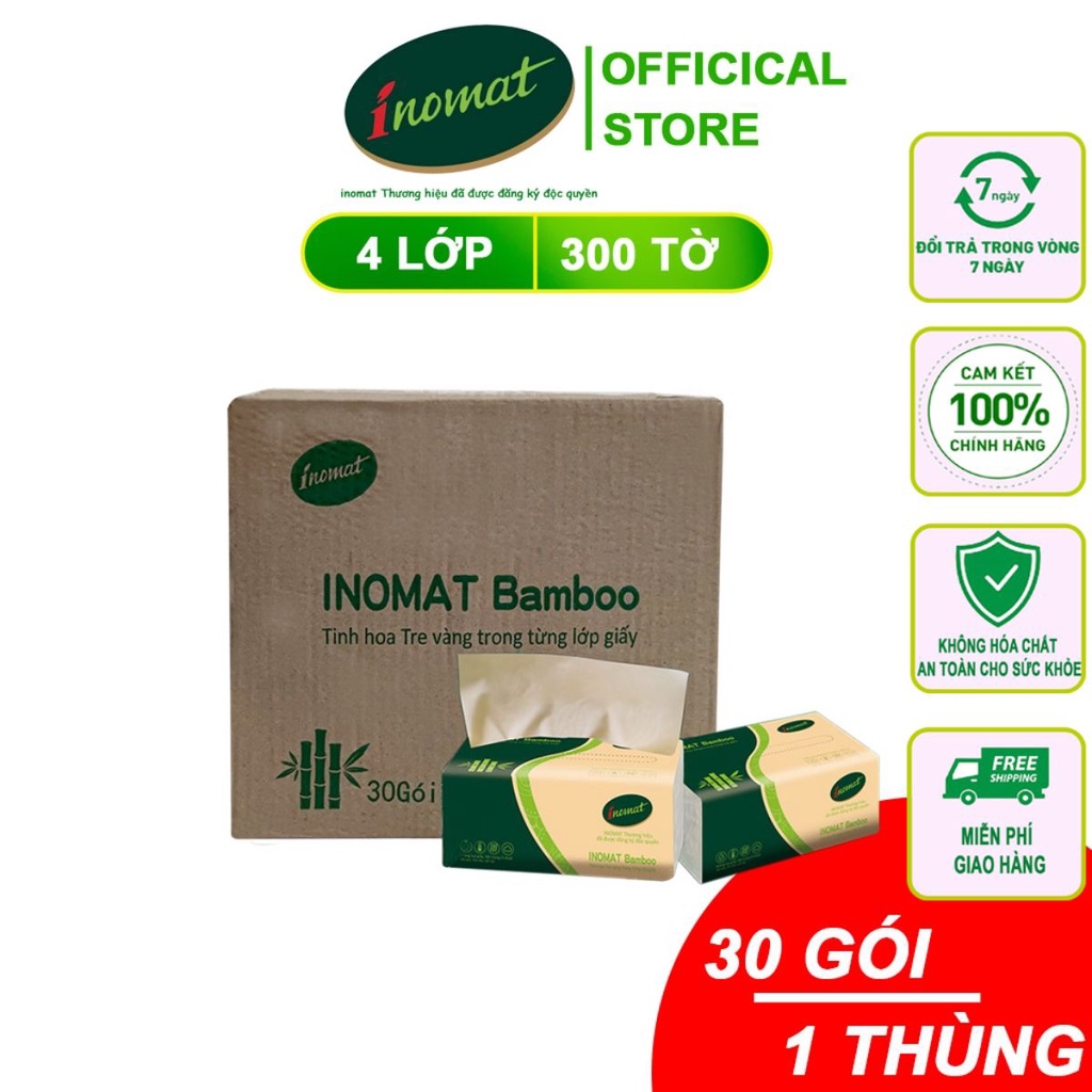 Giấy ăn gấu trúc thùng 30 gói dạng khăn giấy rút 4 lớp 300 tờ mềm mại dẻo dai nguyên liệu thiên nhiên INOMAT BAMBOO