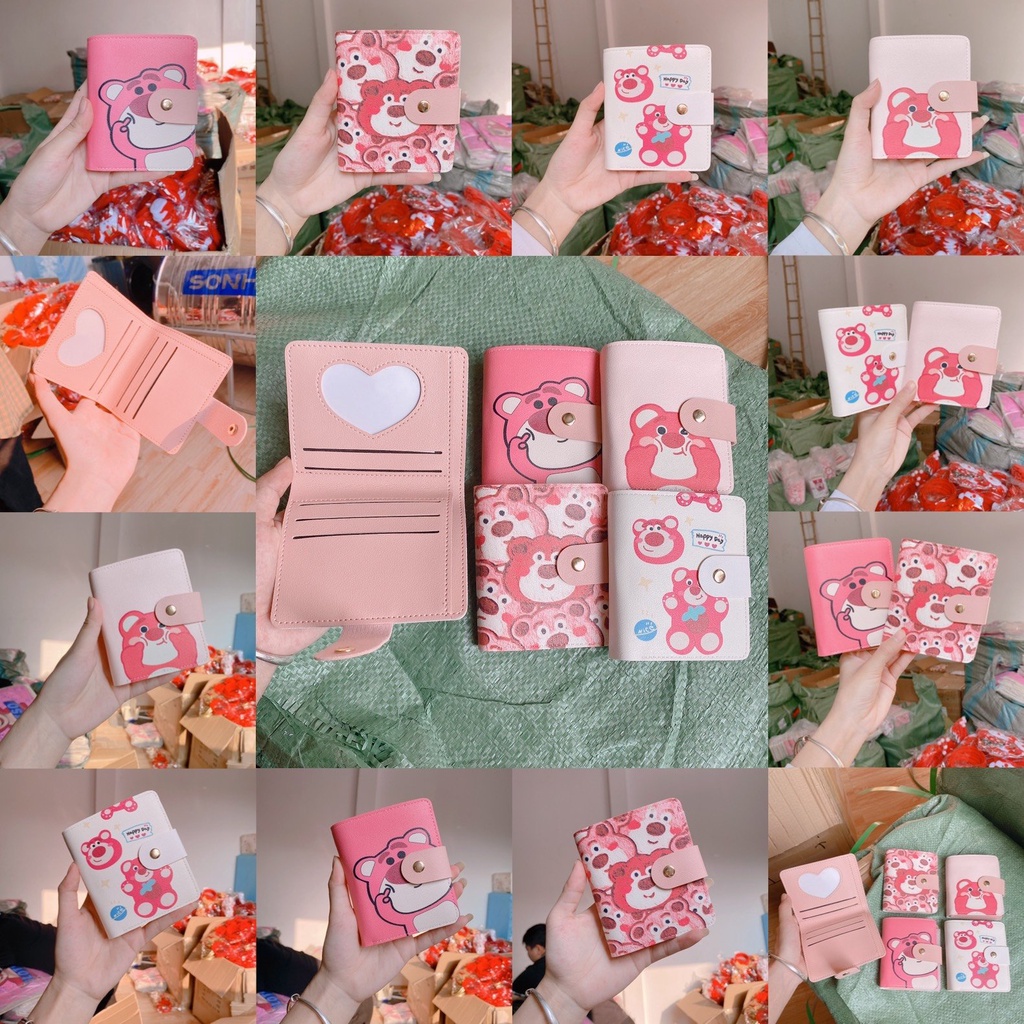 Ví mini cầm tay nữ hoạ tiết gấu dâu lotso Túi đựng thẻ hoạt hình dễ thương dung tích lớn siêu nhỏ gọn