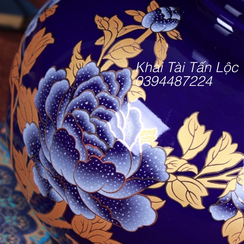 Bình hoa hồ lô gốm sứ vẽ mẫu đơn cao 24cm tặng đế gỗ