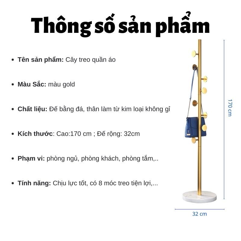 Cây Treo Quần Áo Inox 8 Móc Giá Treo Quần Áo Đế Bằng Đá Cao Cấp HIGO