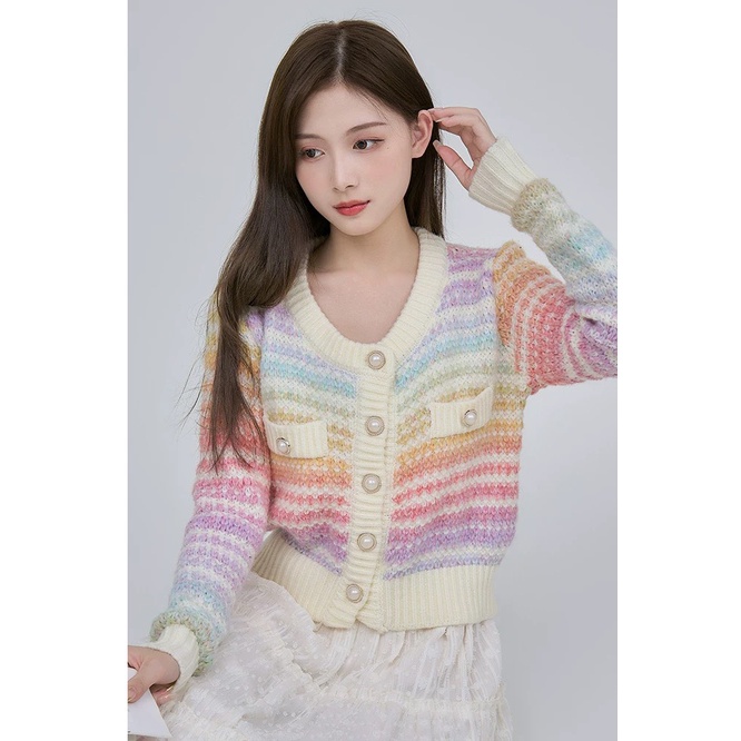 Áo Khoác Len Cầu Vồng Nút Ngọc LSEOUL K0339 Chất Dày Dặn Ngọt Ngào Nữ Tính
