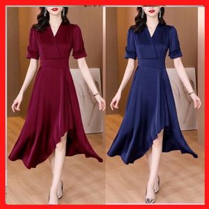 Đầm xòe cổ V chất liệu phi thun màu đỏ đô và xanh đen có 3 size ảnh thật hàng y hình