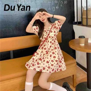 Đầm Tay Phồng Cổ Chữ V In Họa Tiết Hoa Thời Trang Cho Nữ