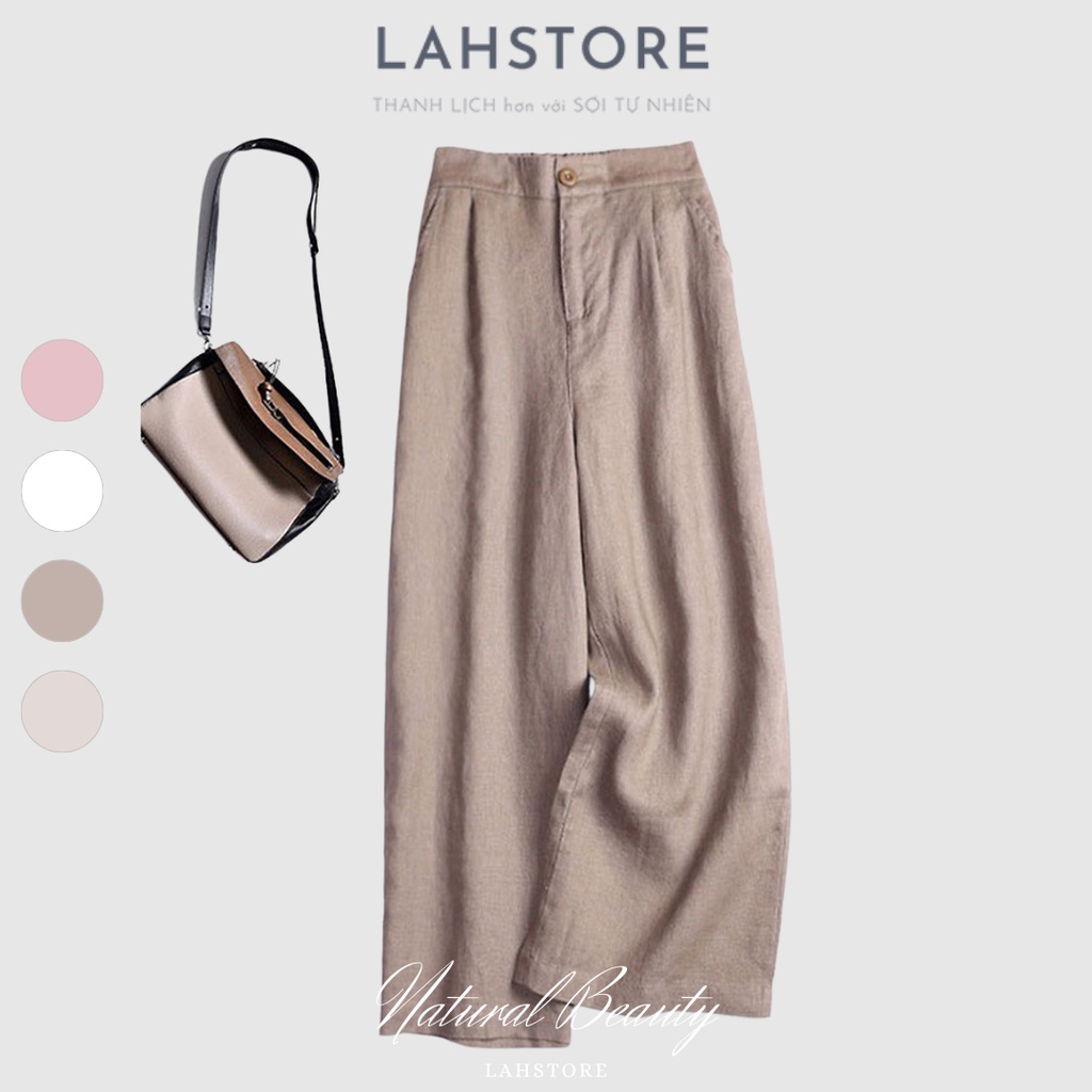 LAHSTORE - Quần dài suông linen thô cao cấp đũng ngắn lưng thun (Be Sẫm)