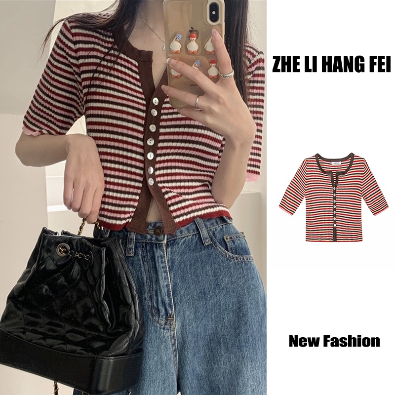 Áo cardigan ZHELIHANGFEI dệt kim tay ngắn kẻ sọc thiết kế trẻ trung cá tính cho nữ