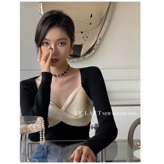 Enjoy Freedom Áo Sweater Dệt Kim Form Ôm Cổ Chữ V Phối Màu Tương Phản Thời Trang Cho Nữ