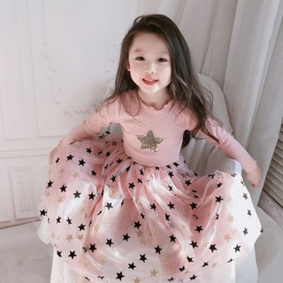 Váy công chúa dài tay cho bé gái - váy xòe đính sao