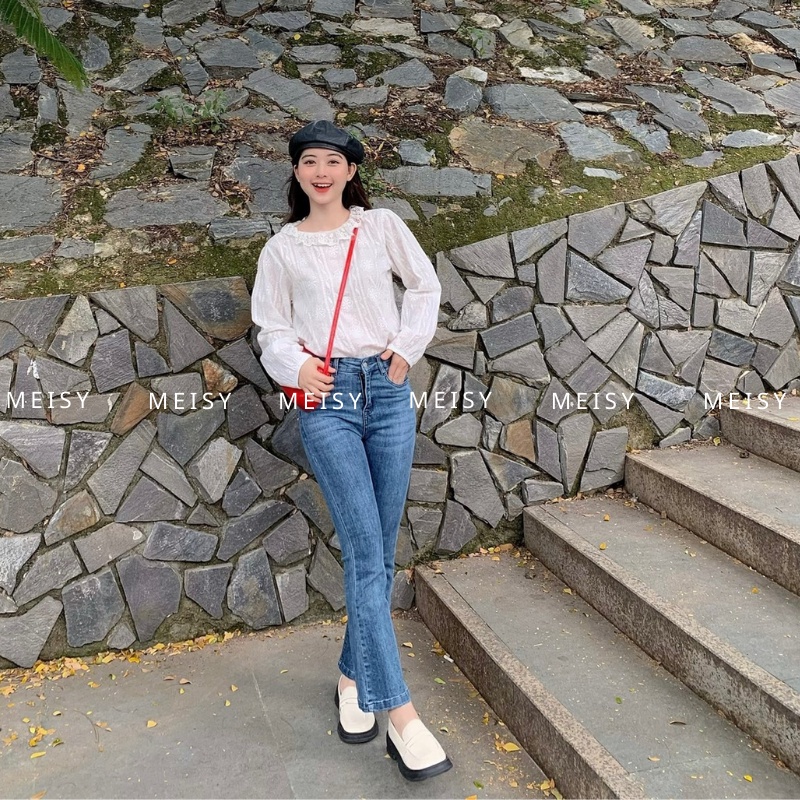 Quần Jeans co giãn xanh chàm loe nhẹ phong cách basic Hàn Quốc
