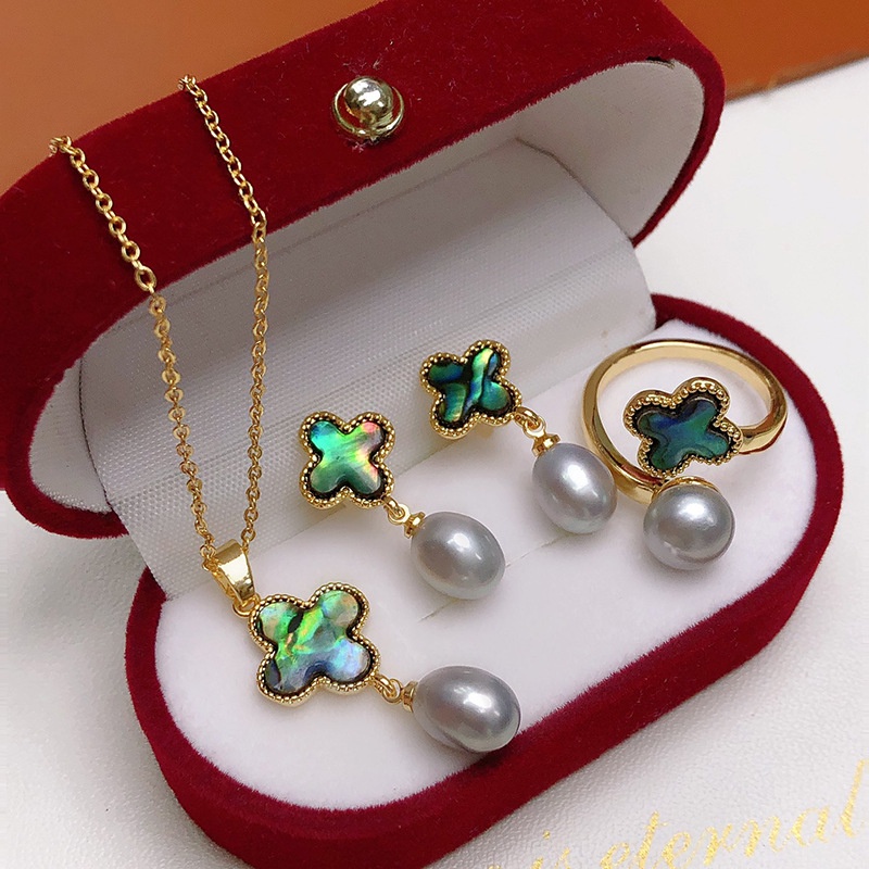 Bộ Trang Sức Vòng Cổ Nhẫn Bông Tai Vỏ Sò Ngọc Trai Nước Ngọt Tự Nhiên
