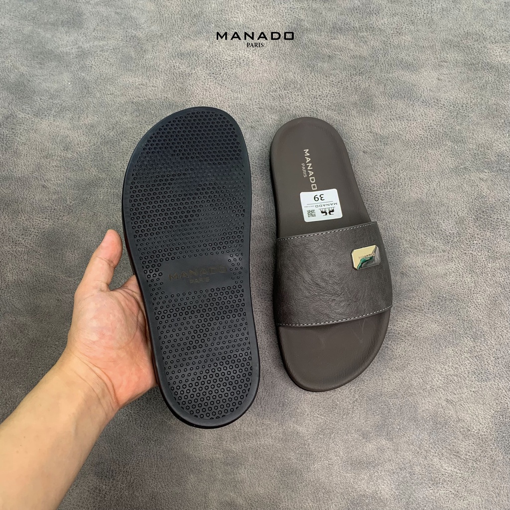 Dép da nam quai ngang cao cấp Manado Mã MND02 màu xám fullbox, quai da mềm mại, đế cao su thiết kế chắc chắn