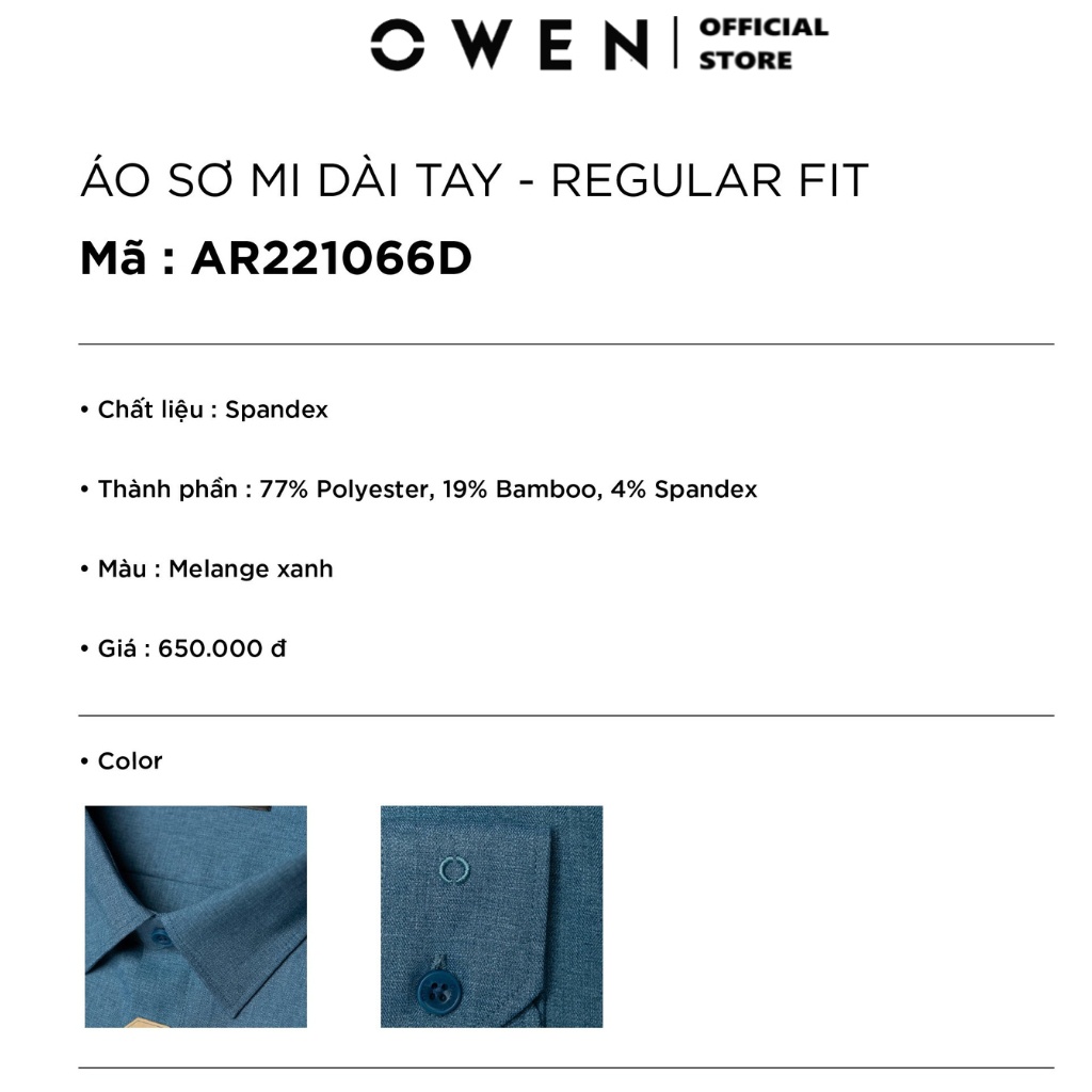 Áo sơ mi dài tay nam OWEN AR221066DT somi công sở vải polyester cao cấp màu melange xanh dáng regular fit tà lượn có túi