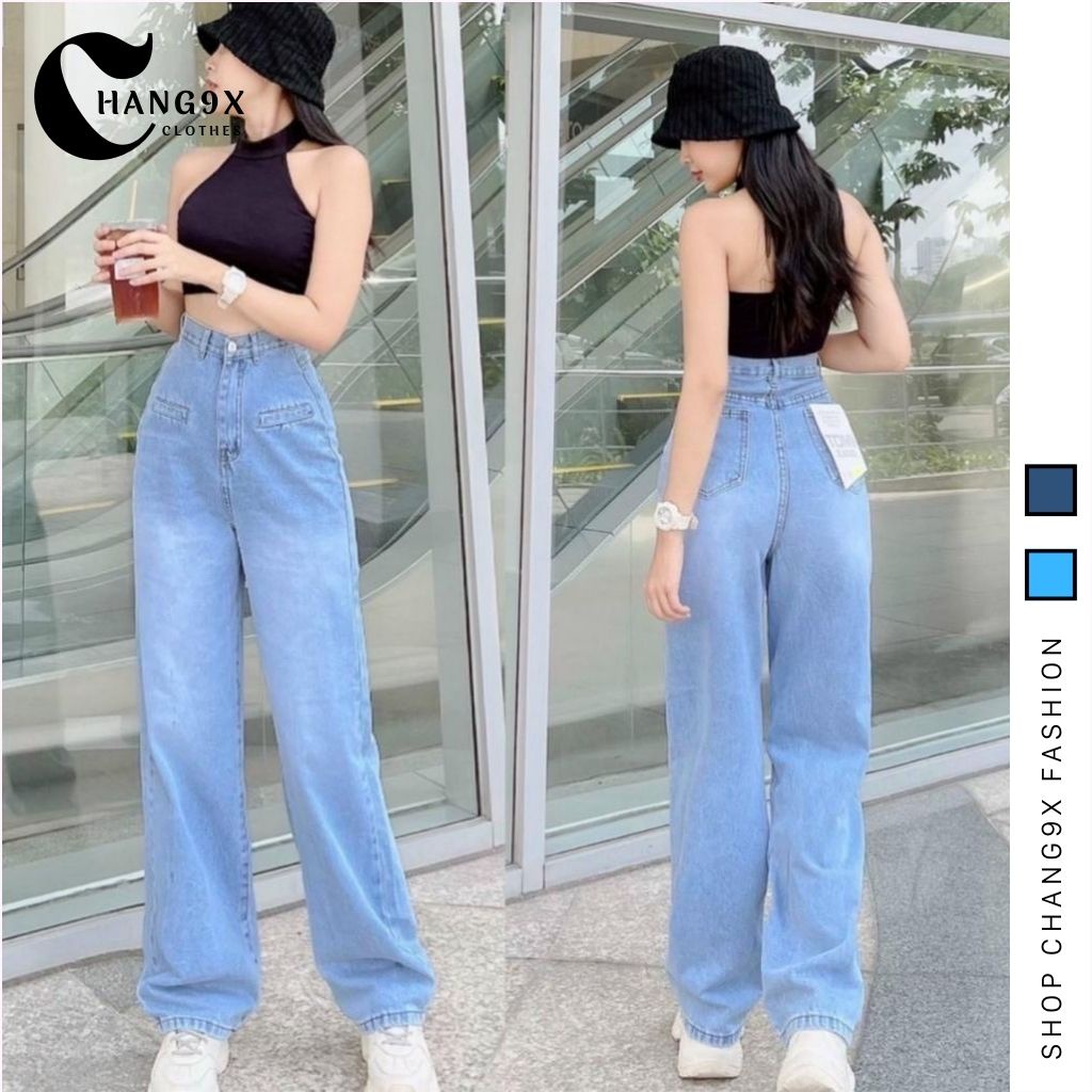 Quần jean nữ ống rộng túi kiểu phía trước màu xanh,quần bò nữ lưng cao dáng suông basis MT5035-5037
