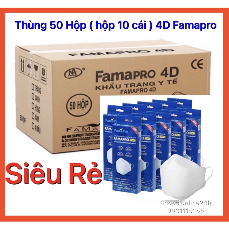 Thùng 50 Hộp khẩu trang 4D Famapro cao cấp  4 lớp kháng khuẩn chính hãng Nam Anh