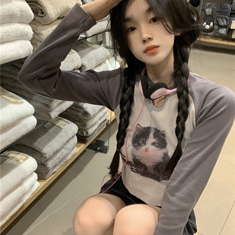 IELGY  IELGY Áo Thun Tay Dài Dáng Ôm In Hình Mèo Phong Cách Mỹ Cổ Điển Thời Trang Cho Nữ