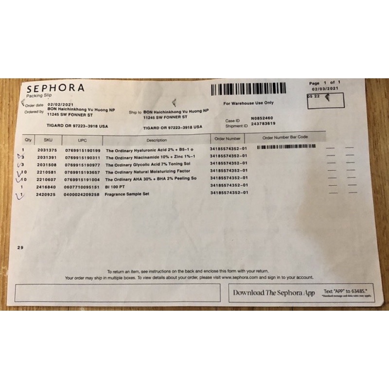 Bill Sephora Tinh chất The Ordinary Niacinamide 10% + Zinc 1% giảm mụn