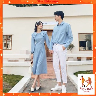 Đồ đôi nam nữ đẹp đi du lịch, chụp hình cưới: Set áo váy sơ mi Hàn Quốc