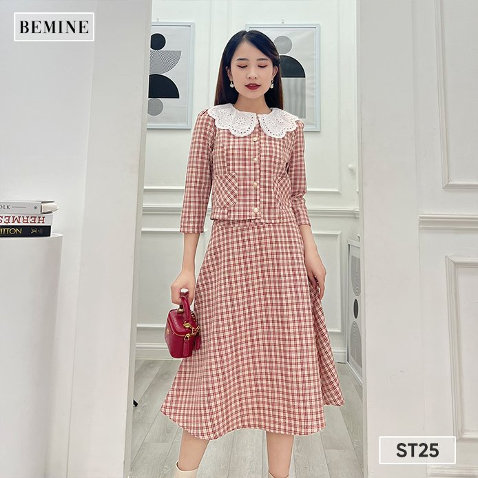 Set sơ mi cổ ren chân váy basic BEMINE ST25
