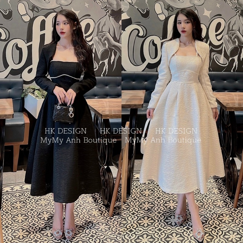 Set váy hai dây dài kèm áo khoác ngoài sang chảnh hàng Quảng Châu Cao Cấp