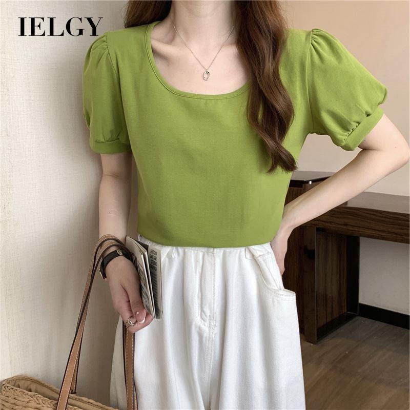 IELGY IELGY Áo Thun Tay Ngắn Cổ Tròn Ôm Dáng Phong Cách Pháp Thời Trang Cho Nữ