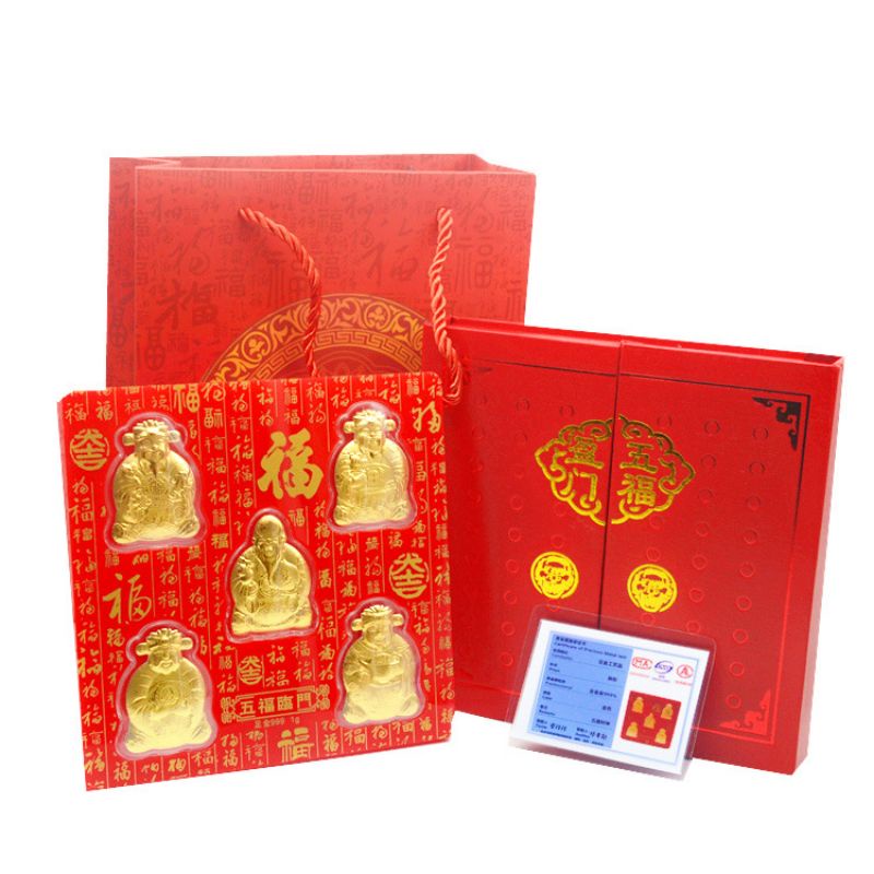 Quà Tặng Lì Xì Tết 5 Ông Thần Tài Phúc Lộc Thọ Mạ Vàng FullBox,,,