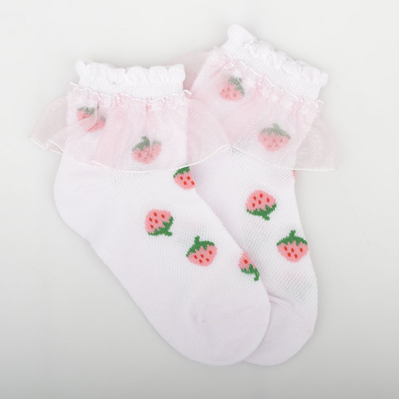 Vớ Cotton Phối Ren Lưới Thoáng Khí Họa Tiết Dâu Tây Dễ Thương Cho Bé Gái