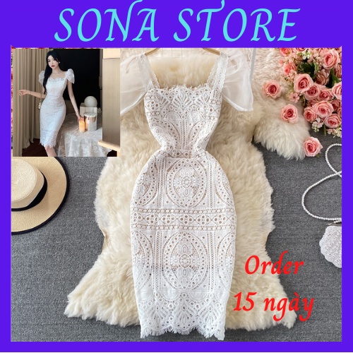 Váy ren body trễ vai cổ vuông tay bồng tiểu thư dự tiệc hàng thiết kế cao cấp sang chảnh SONA STORE order 15 - 25 ngày