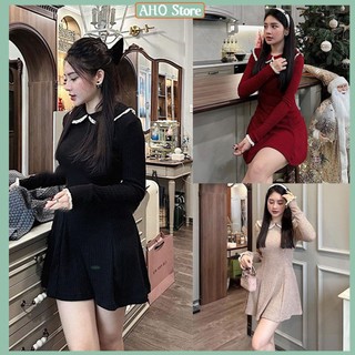 Đầm nhung nữ váy nhung thiết kế cổ bèo viền tay dài phối viền freesize